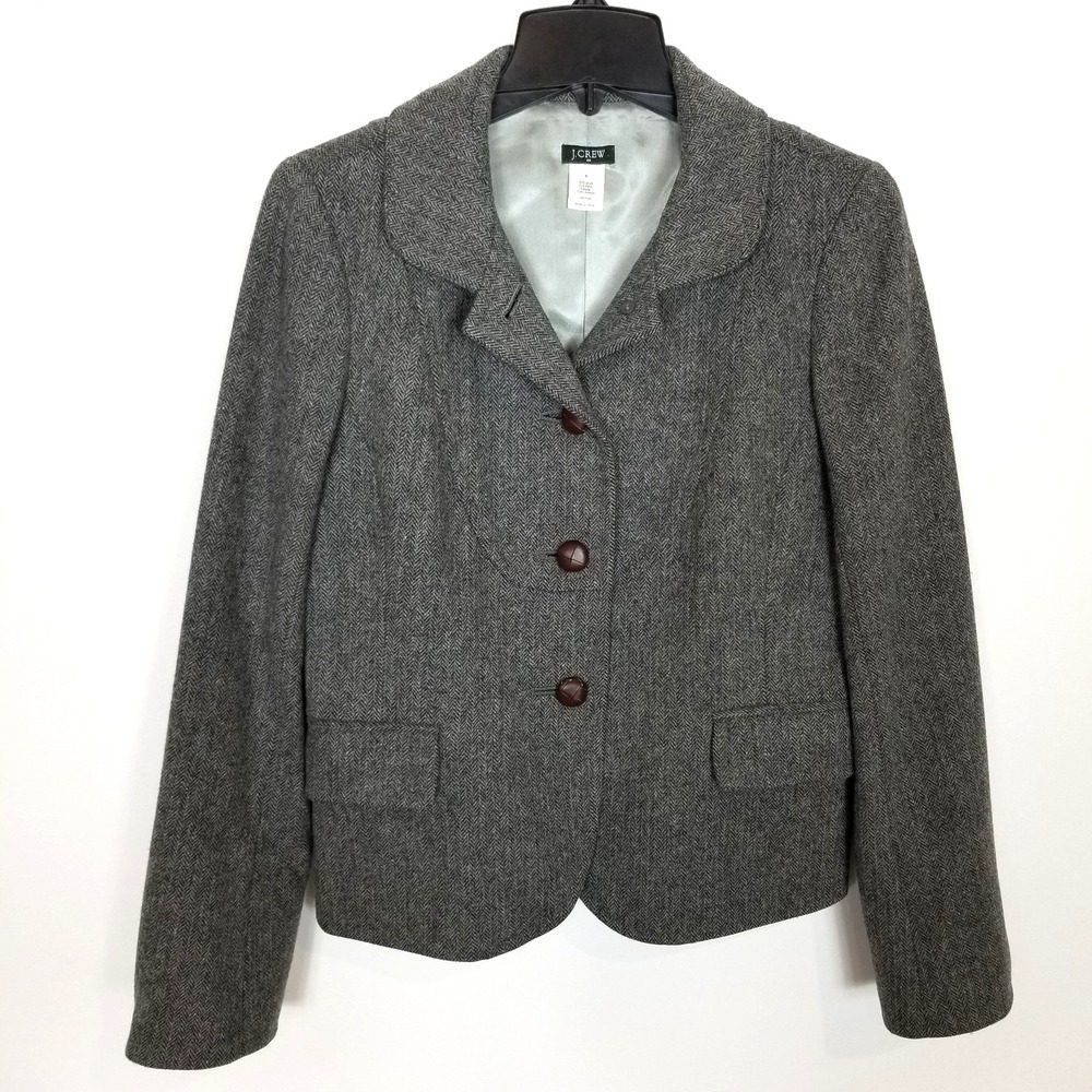 J. Crew Herringbone Wool Blend Blazer Jacket‎ Sz 6 Gray Button Up Preppy Classic
